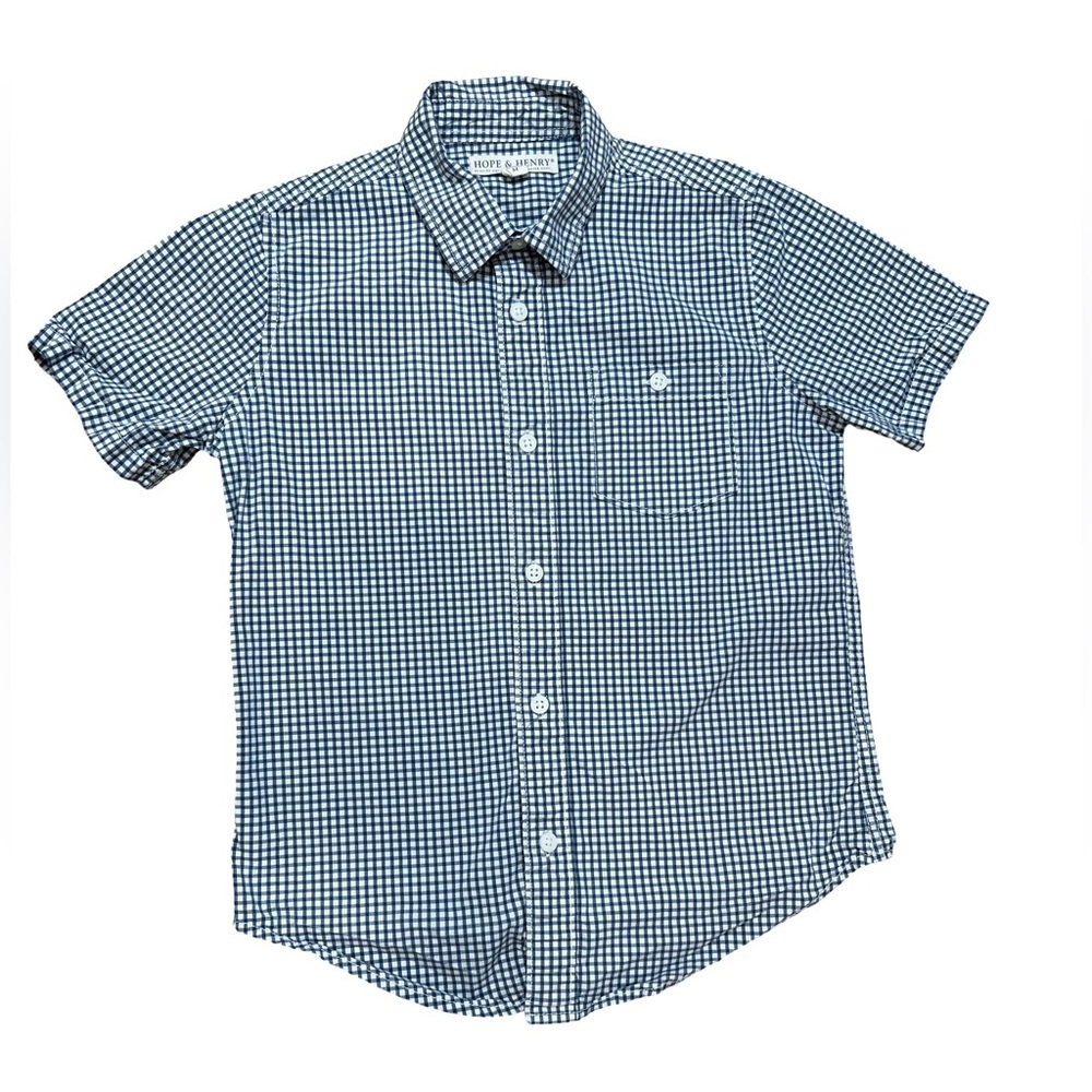 Hope and Henry:blue and White gingham button up Shirt organic cotton M 7/8